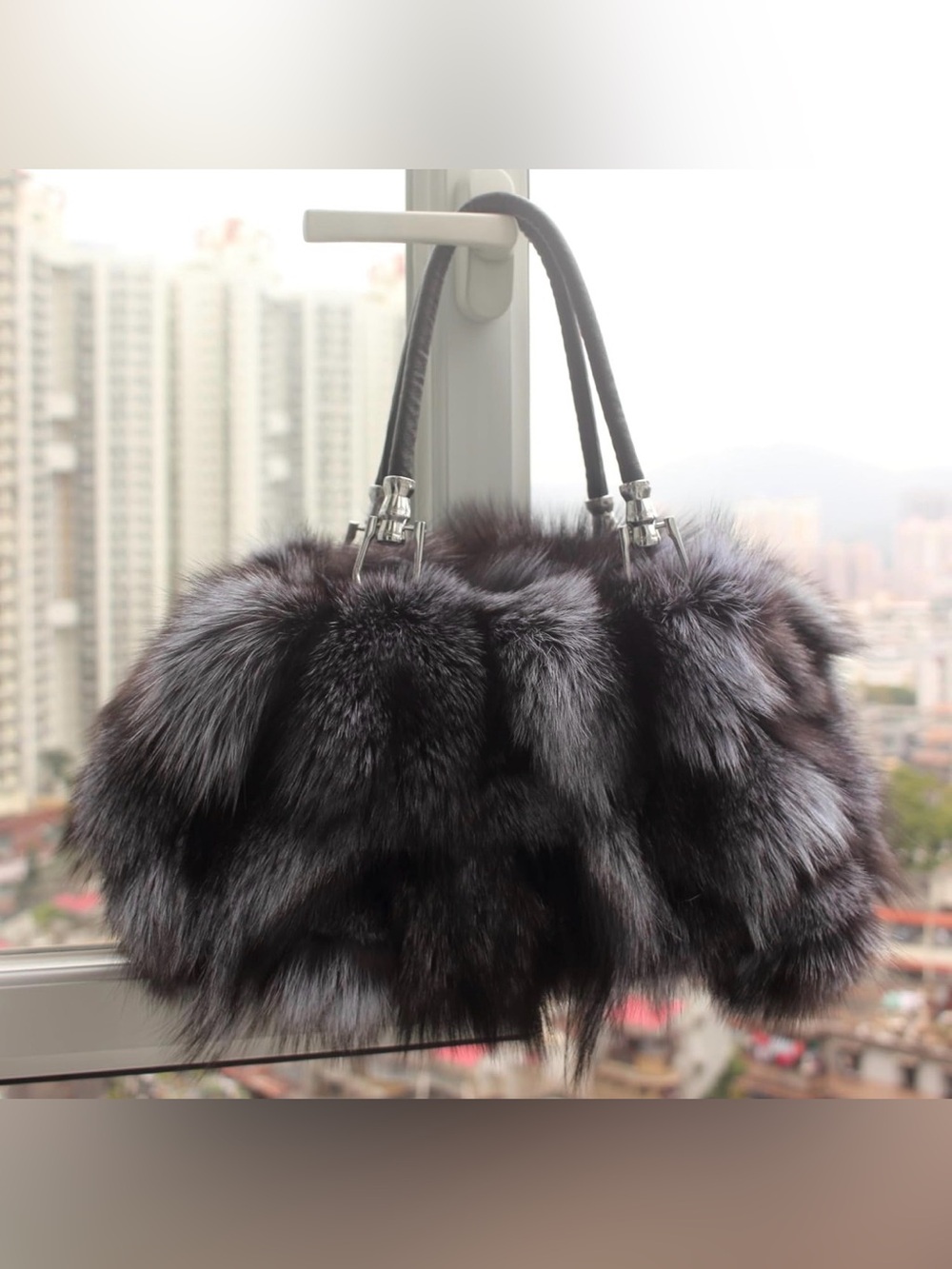 Genuine Fox Fur Shoulder Bag Black & Smoky Silver Ash Gray Luxury Oversized XL